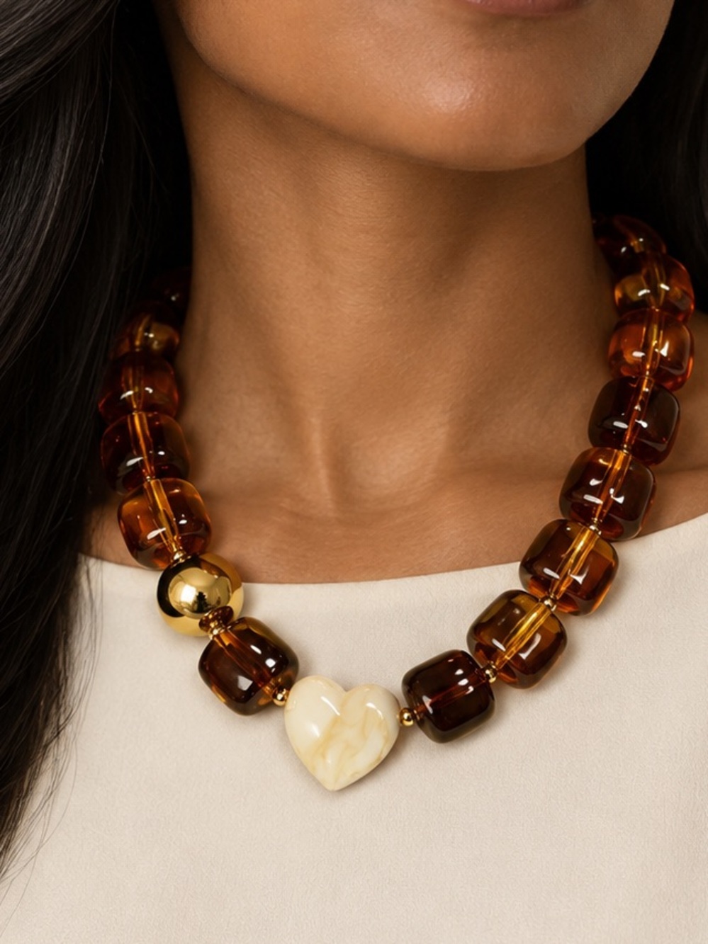 Brown Amber Glass Bead Necklace with Heart Pendant